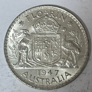 Australia 1947 2/- Florin Silver Coin about Uncirculated