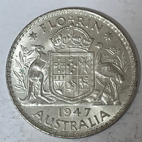 Australia 1947 2/- Florin Silver Coin about Uncirculated