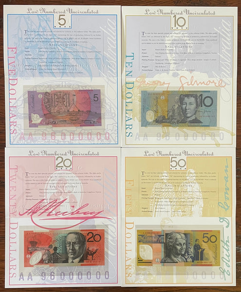 Australia 1996 Premium Banknote Folders Set of 4 matching Red Serial Numbers