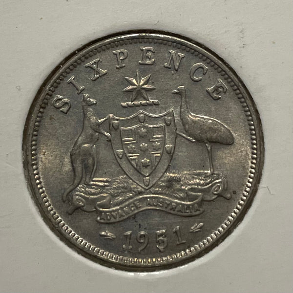 Australia 1951 6d Sixpence Silver Coin Uncirculated Condition. Melbourne Mint