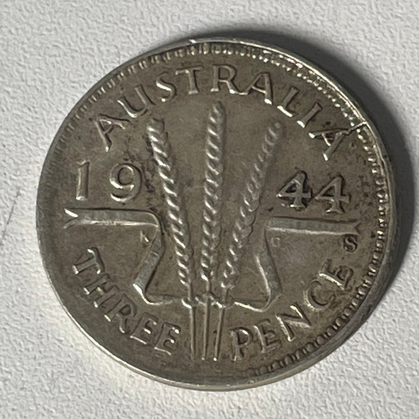 Australia 1944S Threepence 3d Silver 80% Reverse Brockage Error Coin. San Francisco Mint