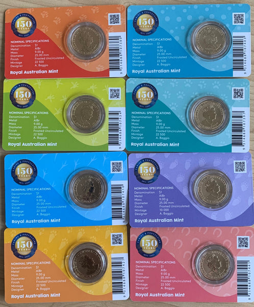 2021 Australia Coloured  $1 RSPCA set of 8 carded Royal Australian Mint Uncirculated Coins