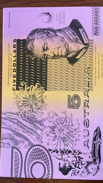 Australia 1992 $5 25th Anniversary Uncut Block of 4 Sydney Coin and Banknote Fair Folder