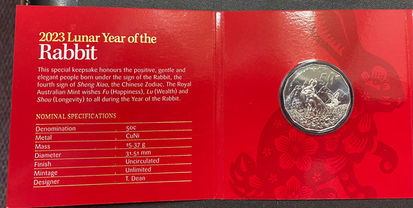 2023 Perth Mint Australian Lunar Year of the Rabbit 50c Uncirculated Carded Coin