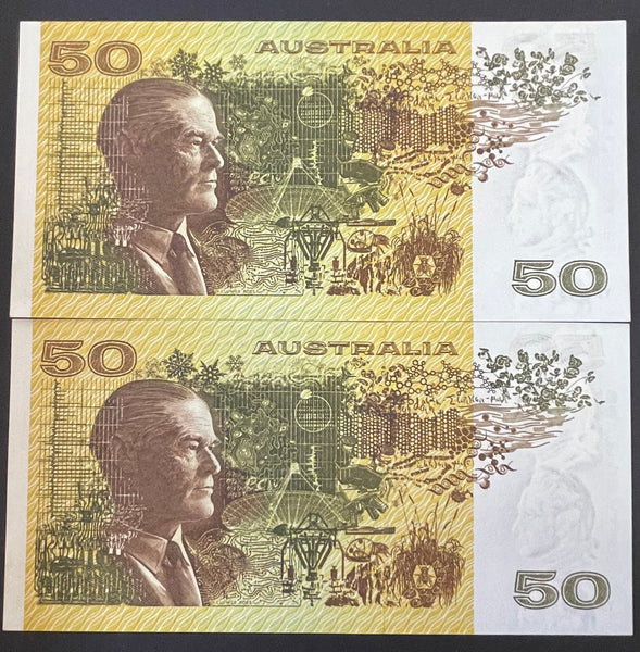 Australia 1990 $50 Fraser Higgins Banknote Uncirculated Pair R512
