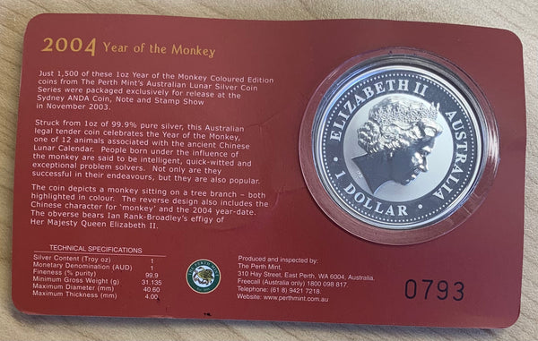 Australia 2004 $1 Year Of The Monkey coloured ANDA Sydney Limited Edition Silver Coin