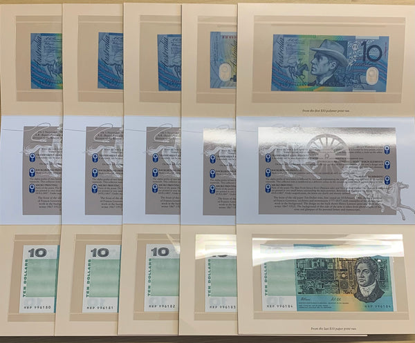Australia $10 Last Paper & $10 1st Polymer Consecutive Run of 5 Banknote Folders