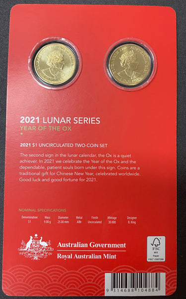 2021 Royal Australian Mint Australian Lunar Year of the Ox $1 Uncirculated 2 Coin Set