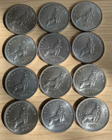 Australia 1954 2/- Florin Royal Visit EF to Uncirculated. 12 silver coins