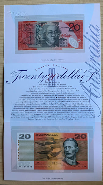 Australia 1994 $20 Fraser Evans Last Paper and First Polymer Issue Folder  Uncirculated