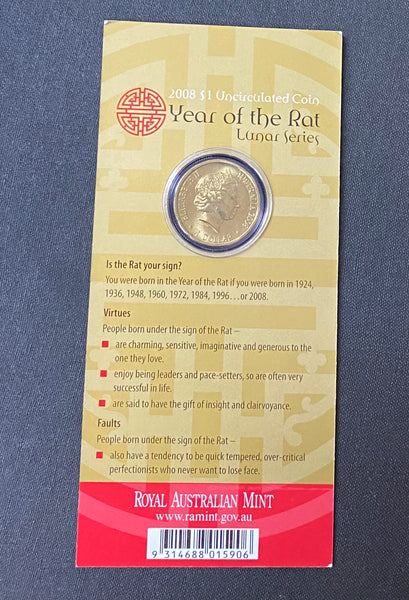 Australia 2008 Royal Australian Mint One Dollar $1 Lunar New Year of Rat