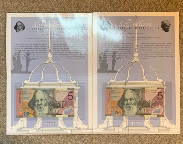 Australia 2001 Federation $5 Polymer Uncirculated Banknote Folders Consecutive Pair.
