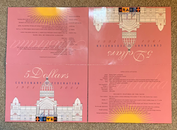 Australia 2001 Federation $5 Polymer Uncirculated Banknote Folders Consecutive Pair.