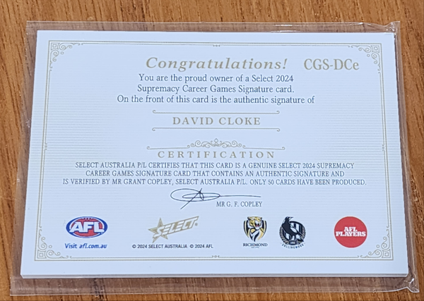 2024 AFL Select Supremacy Career Games 333 David Cloke  Richmond Signature 12/50