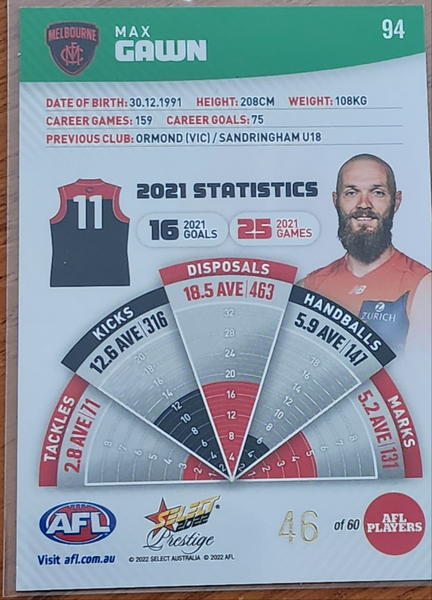 2022 AFL Select Prestige Green Max Gawn Melbourne 46/60
