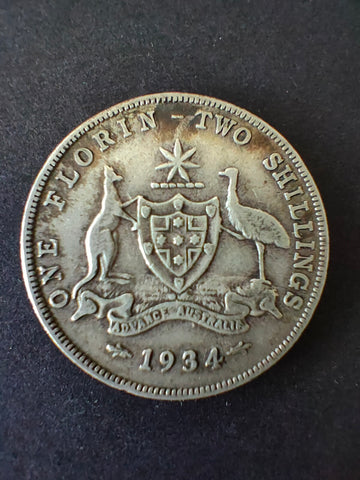 Australia 1934 2/- Florin Silver Coin Fine Condition