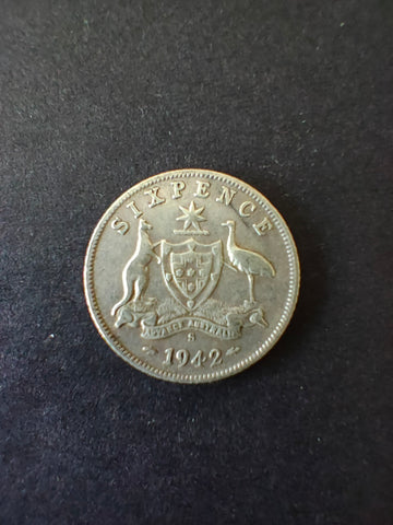 Australia 1942S 6d Sixpence Silver Coin Fine Condition. San Francisco Mint