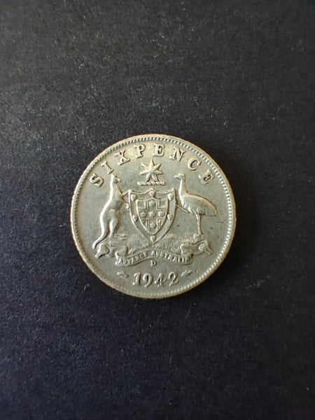 Australia 1942D Sixpence 6d Silver Coin Fine Condition. Denver Mint