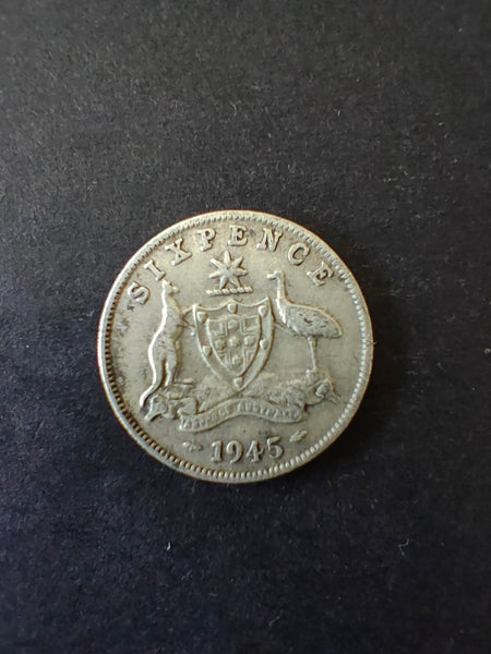 Australia 1945 6d Sixpence Silver Coin Fine Condition
