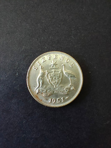 Australia 1951 6d Sixpence Silver Coin Fine Condition. Melbourne Mint