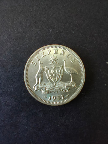 Australia 1951 PL 6d Sixpence Silver Coin Fine Condition. London Mint