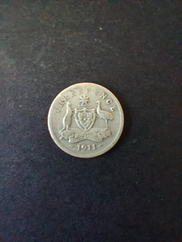 Australia 1911 3d Threepence Silver Coin Fine Condition