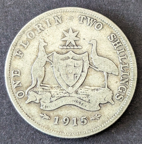 Australia 1915H 2/- Florin Silver Coin Good Condition