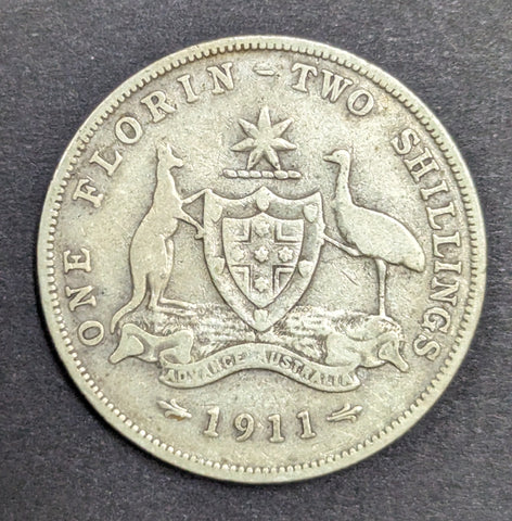 Australia 1911 2/- Florin Silver Coin Very Good Condition