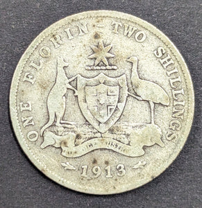 Australia 1913 2/- Florin Silver Coin Very Good Condition
