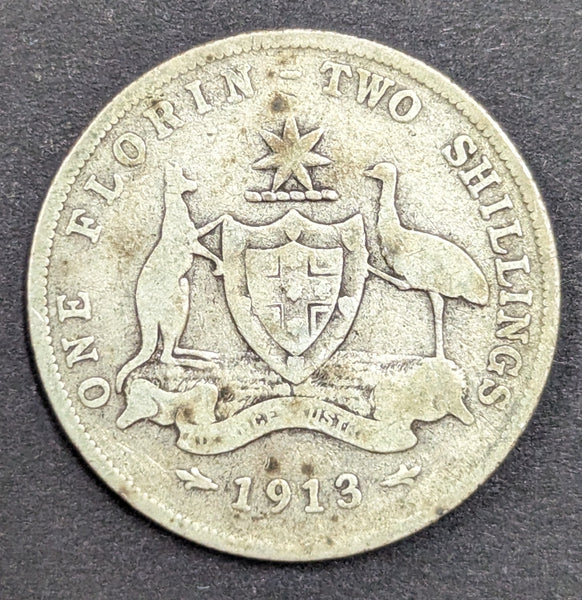 Australia 1913 2/- Florin Silver Coin Very Good Condition