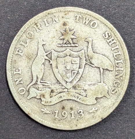 Australia 1913 2/- Florin Silver Coin Very Good Condition