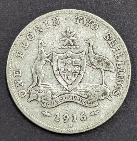 Australia 1916 2/- Florin Silver Coin Fine Condition