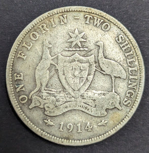 Australia 1914 2/- Florin Silver Coin Very Good Condition