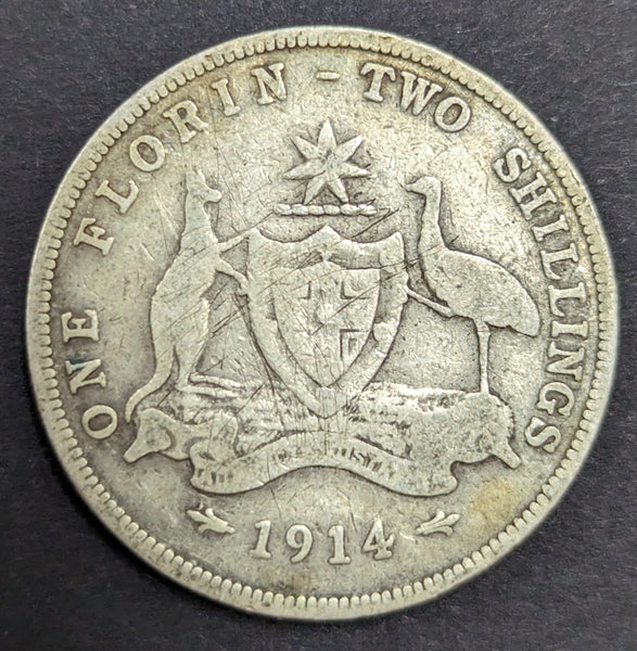 Australia 1914 2/- Florin Silver Coin Very Good Condition