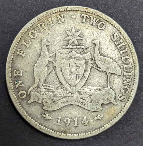 Australia 1914 2/- Florin Silver Coin Very Good Condition