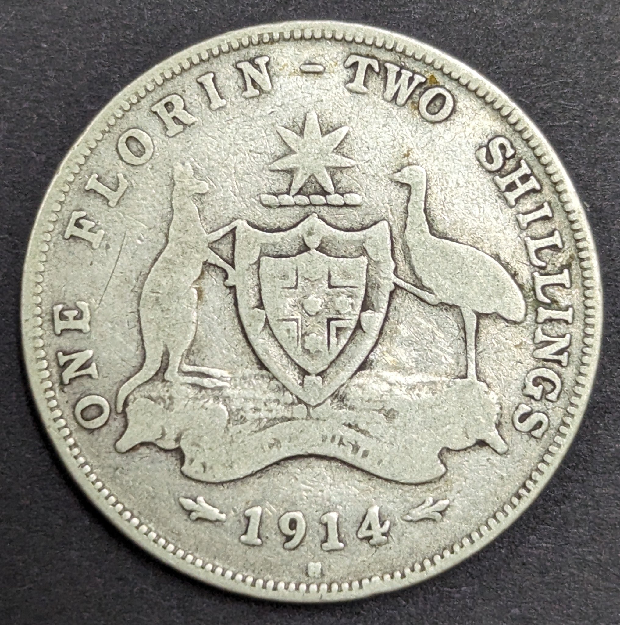 Australia 1914H 2/- Florin Silver Coin Good Condition