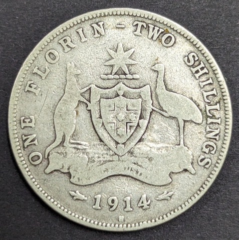 Australia 1914H 2/- Florin Silver Coin Good Condition
