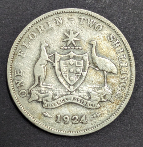 Australia 1924 2/- Florin Silver Coin Fine Condition