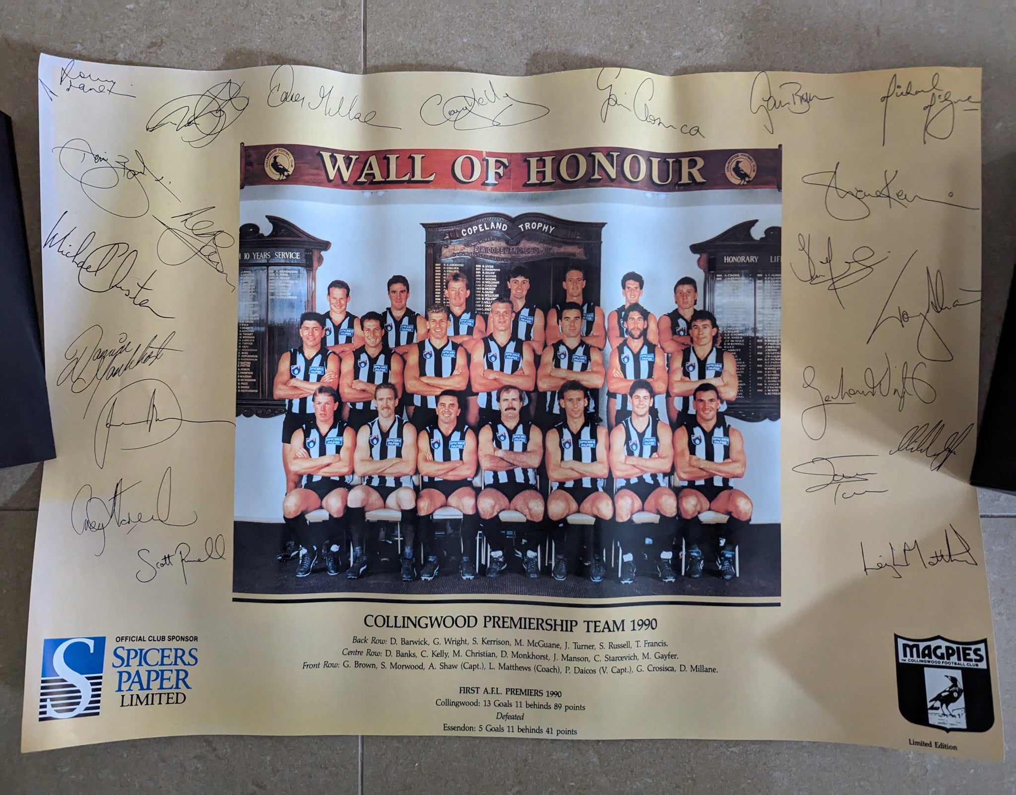 AFL 1990 Collingwood Football Club Premiership Team Wall of Honour poster