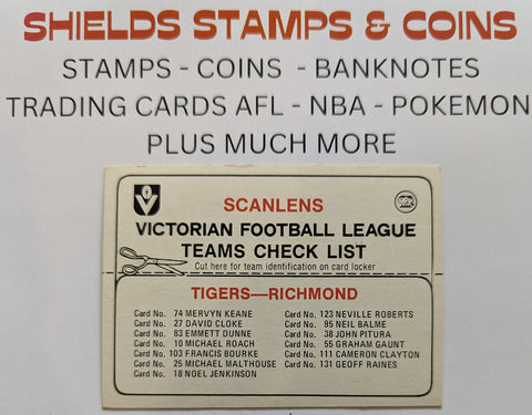 1978 VFL Scanlens Card Checklist Richmond