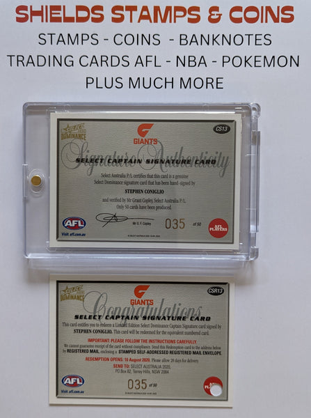 2020 AFL Select Dominance Captain Signature Stephen Coniglio Giants