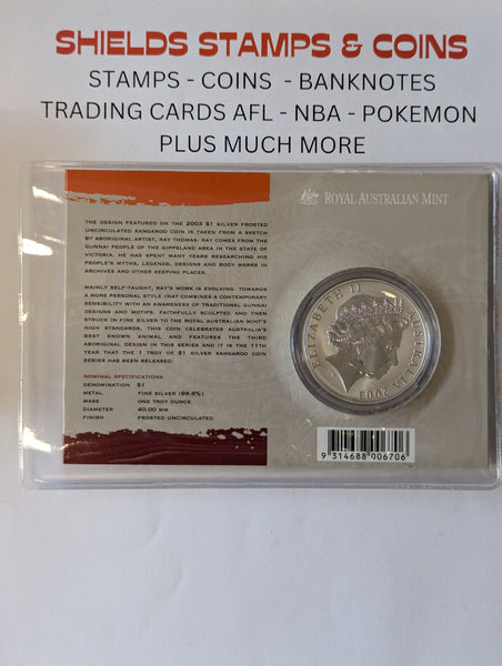 2003 Australia RAM $1 1oz Silver Frosted Kangaroo Coin on Card