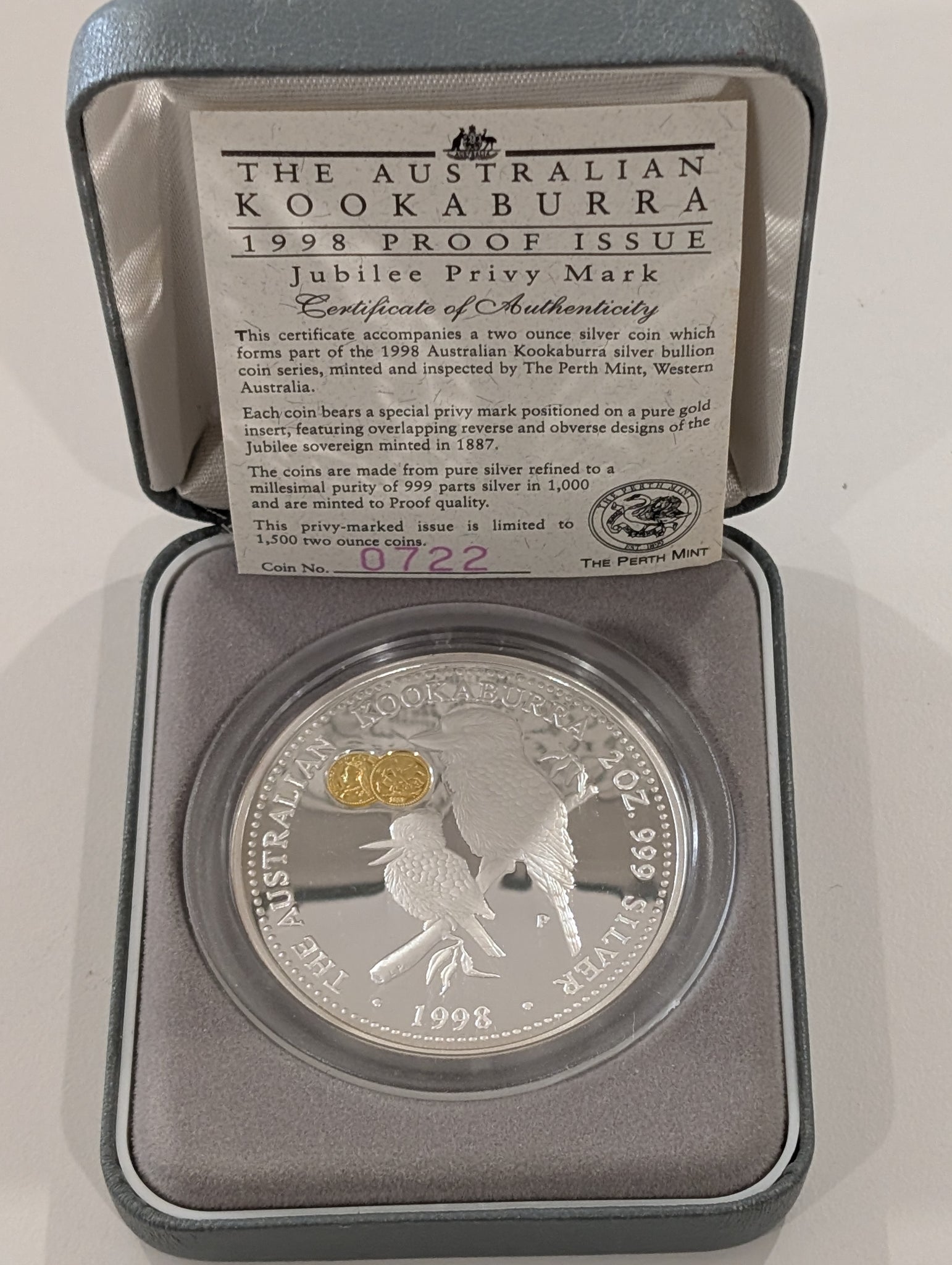 Australia 1998 Perth Mint Jubilee Privy Mark Kookaburra 2oz .999 Silver Proof Coin