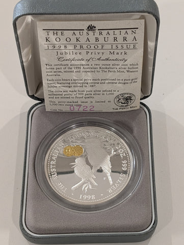 Australia 1998 Perth Mint Jubilee Privy Mark Kookaburra 2oz .999 Silver Proof Coin