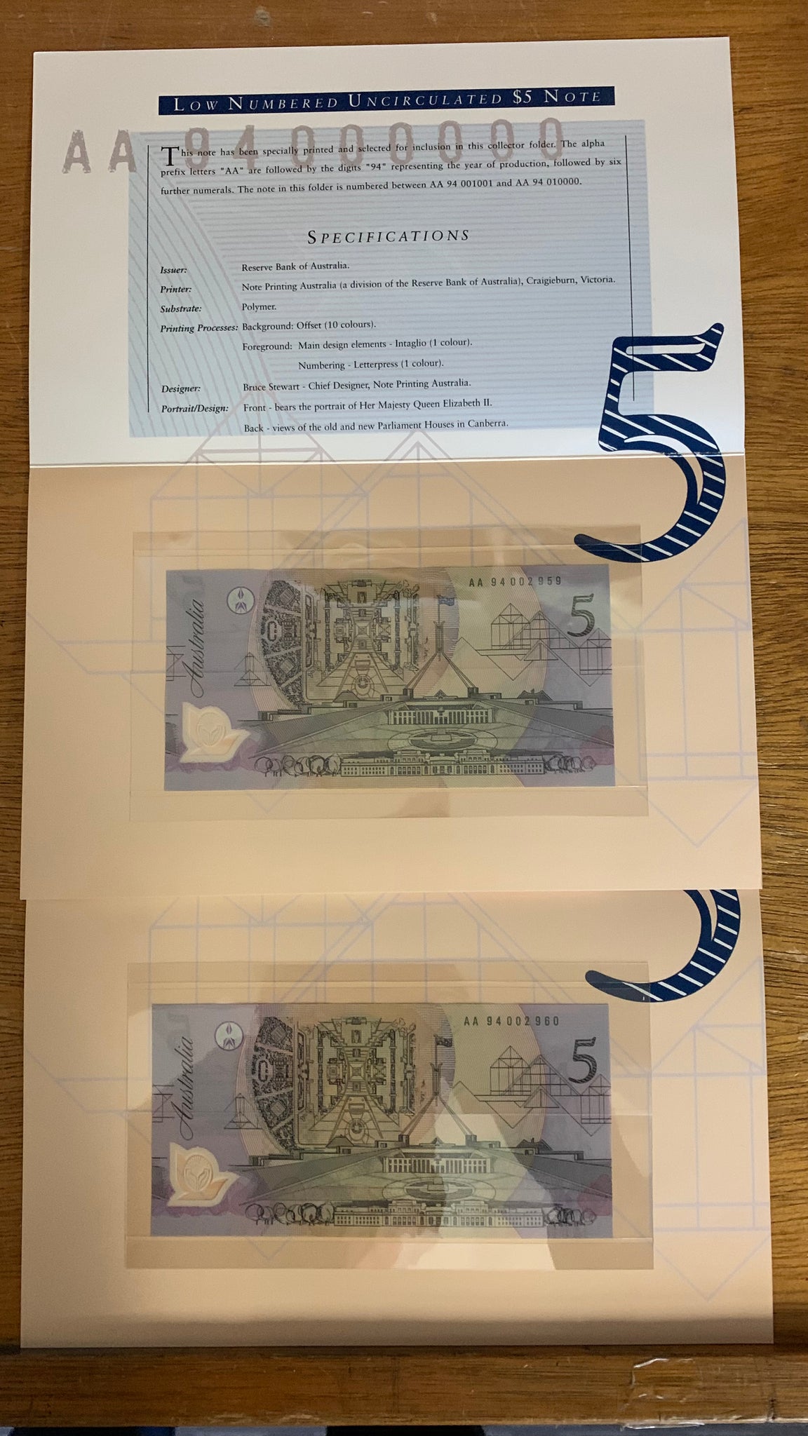 Australia 1994 $5 Deluxe Banknote Folders consecutive pair