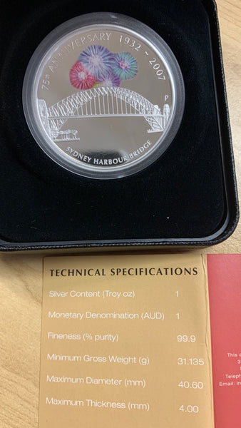 2007 Sydney Harbour Bridge $1 Perth Mint 1oz Silver Proof Coin