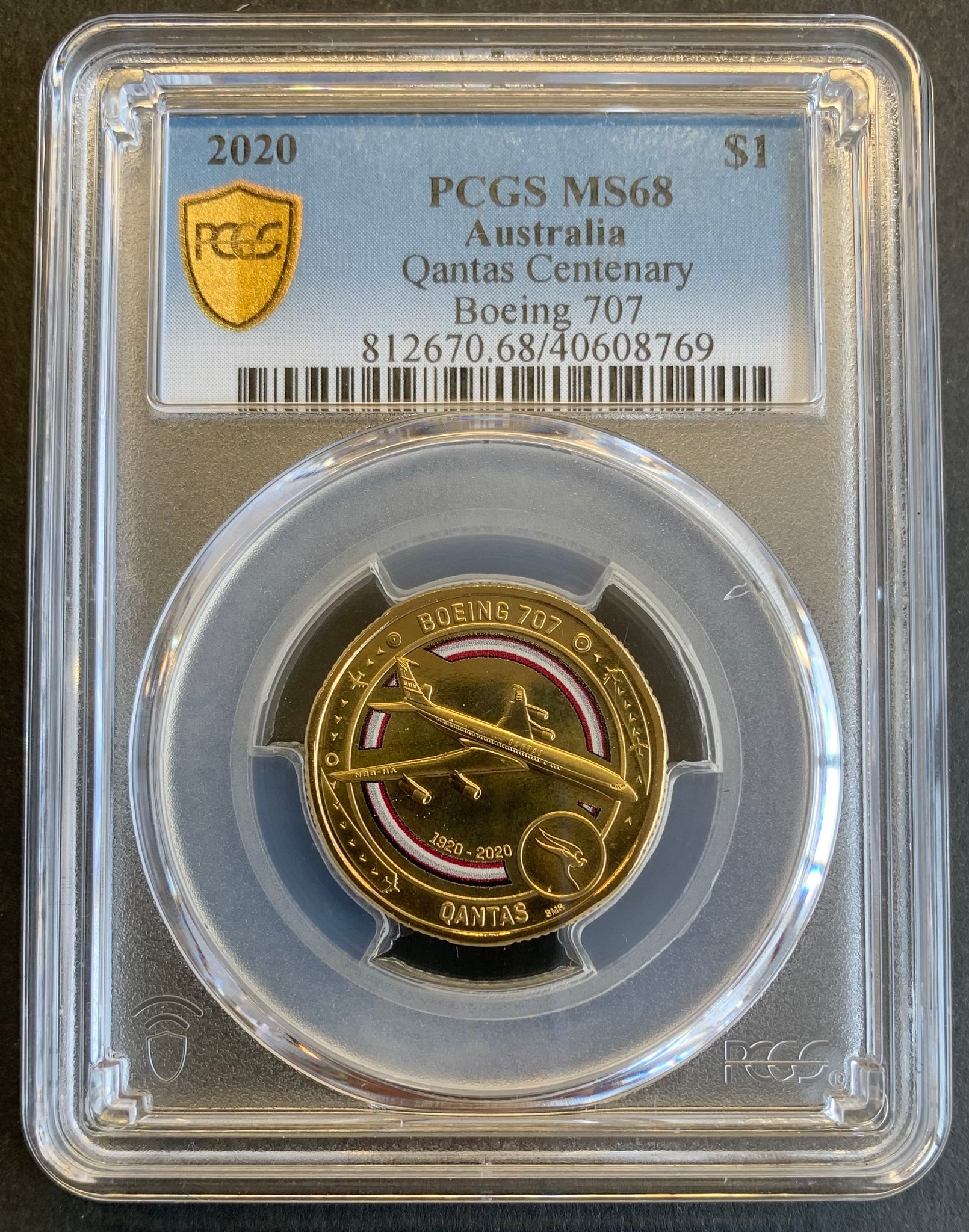 Australia 2020 $1 Qantas Centenary Coloured coin. PCGS graded MS68