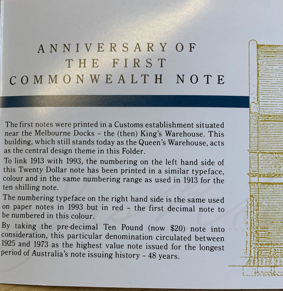 Australia 1993 $20 Fraser Evans Paper "80th Anniversary of First Commonwealth Notes" Folder  Uncirculated