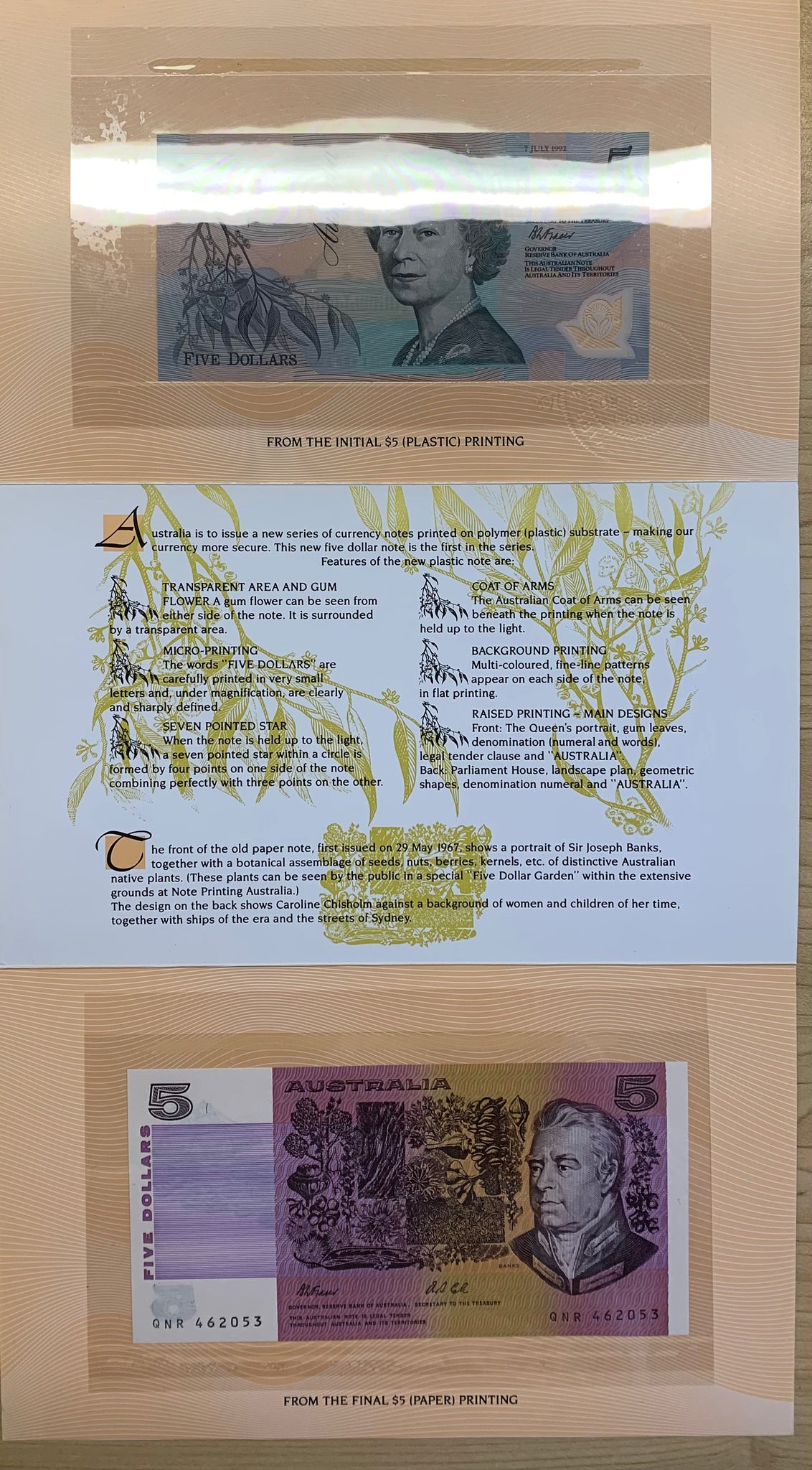 Embossed Bank Note Australia $5 Last Paper & 1st Polymer Uncirculated Banknote Folder emb ...