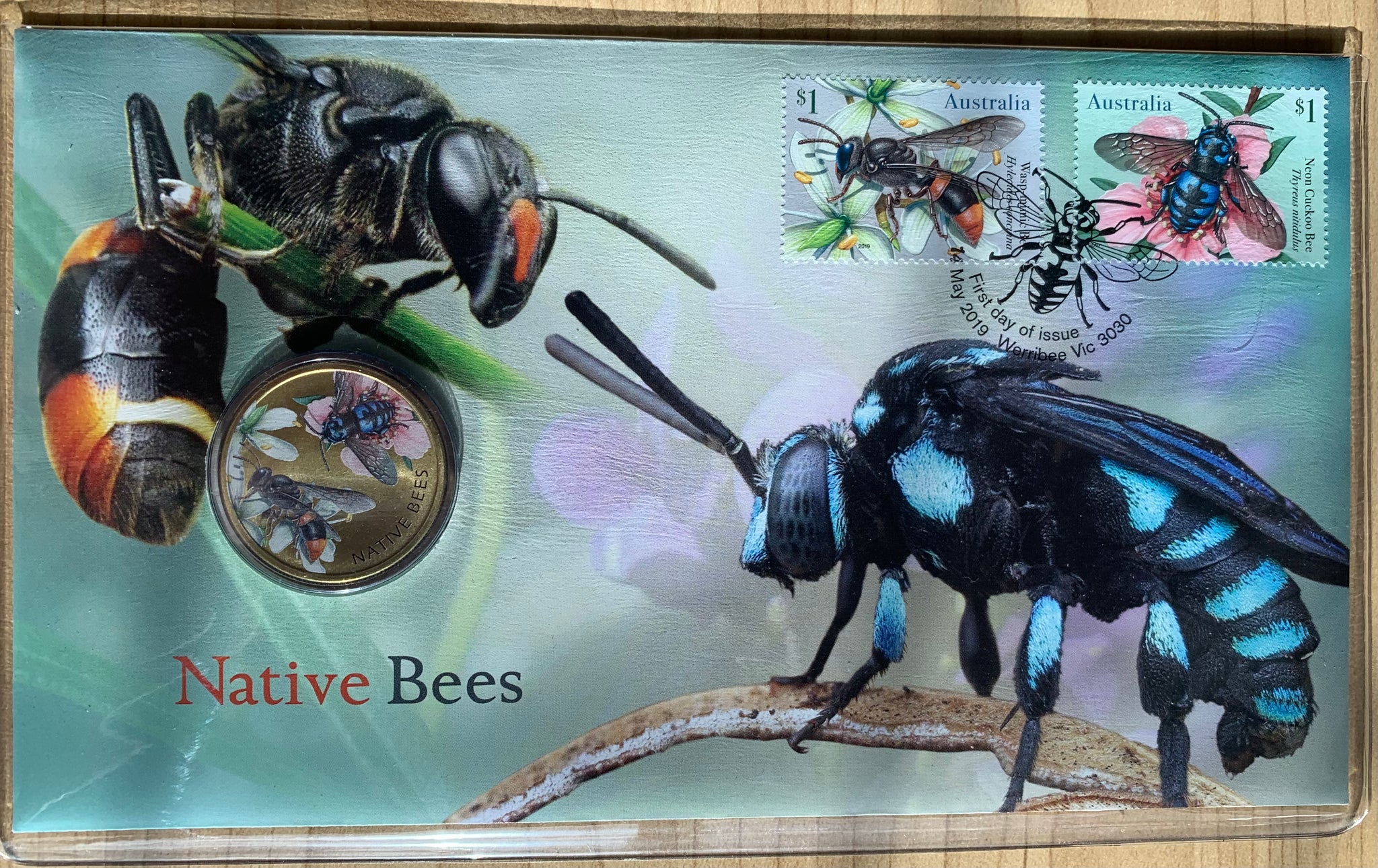 Australia 2019 Native Bees PNC with Tuvalu $1 coin